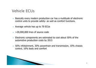 !  Basically every modern production car has a multitude of electronic
control units to provide safety- as well as comfort functions.
!  Average vehicle has up to 70 ECUs
!  >20,000,000 lines of source code
!  Electronic components are estimated to cost about 50% of the
automotive production costs by 2015
!  50% infotainment, 30% powertrain and transmission, 10% chassis
control, 10% body and comfort
6	
 