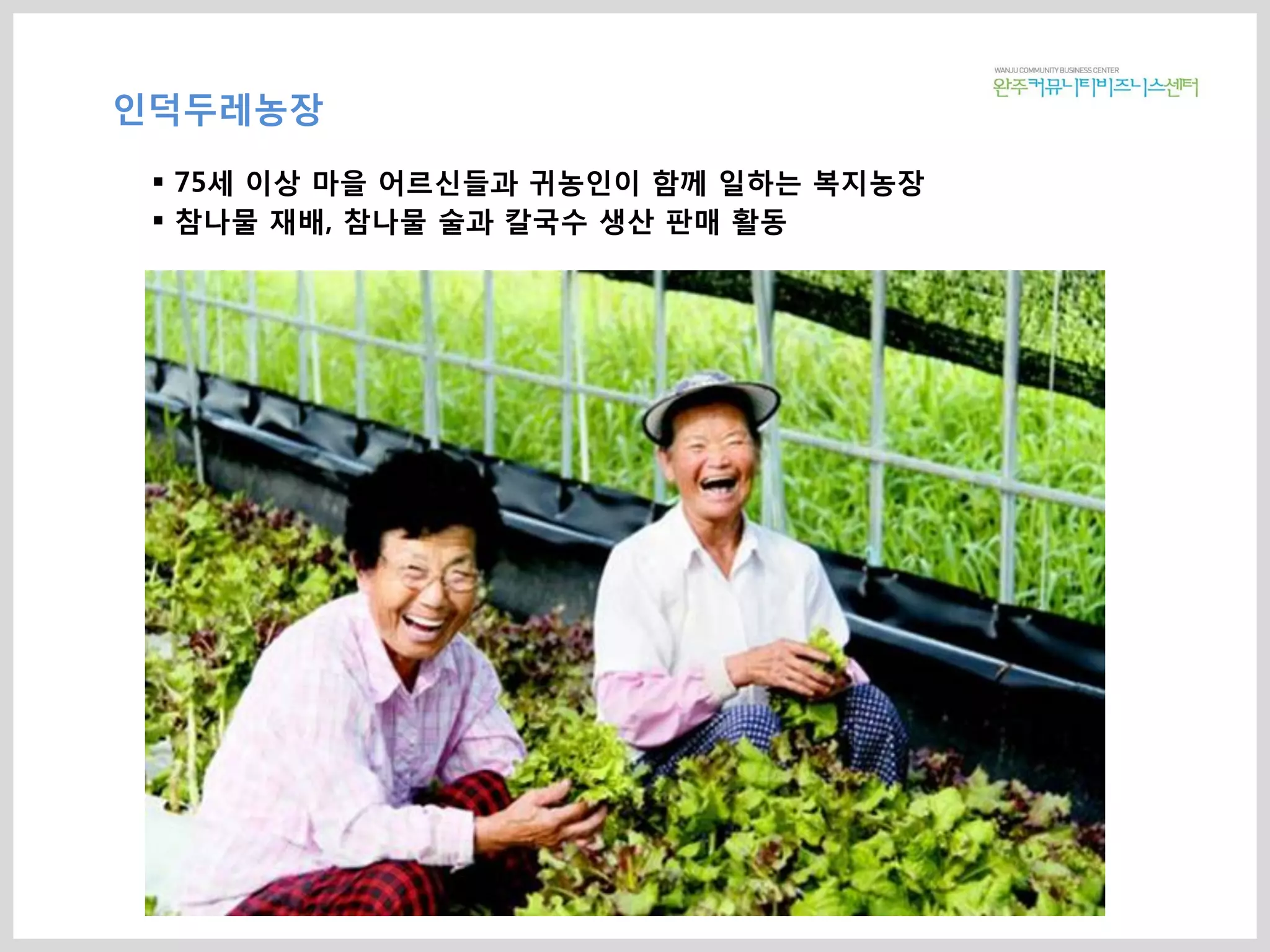 인덕두레농장
 75세 이상 마을 어르신들과 귀농인이 함께 일하는 복지농장
 참나물 재배, 참나물 술과 칼국수 생산 판매 활동
 