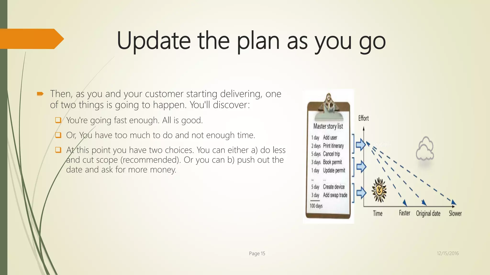 Update the plan as you go
 Then, as you and your customer starting delivering, one
of two things is going to happen. You'll discover:
 You're going fast enough. All is good.
 Or, You have too much to do and not enough time.
 At this point you have two choices. You can either a) do less
and cut scope (recommended). Or you can b) push out the
date and ask for more money.
Page 15 12/15/2016
 