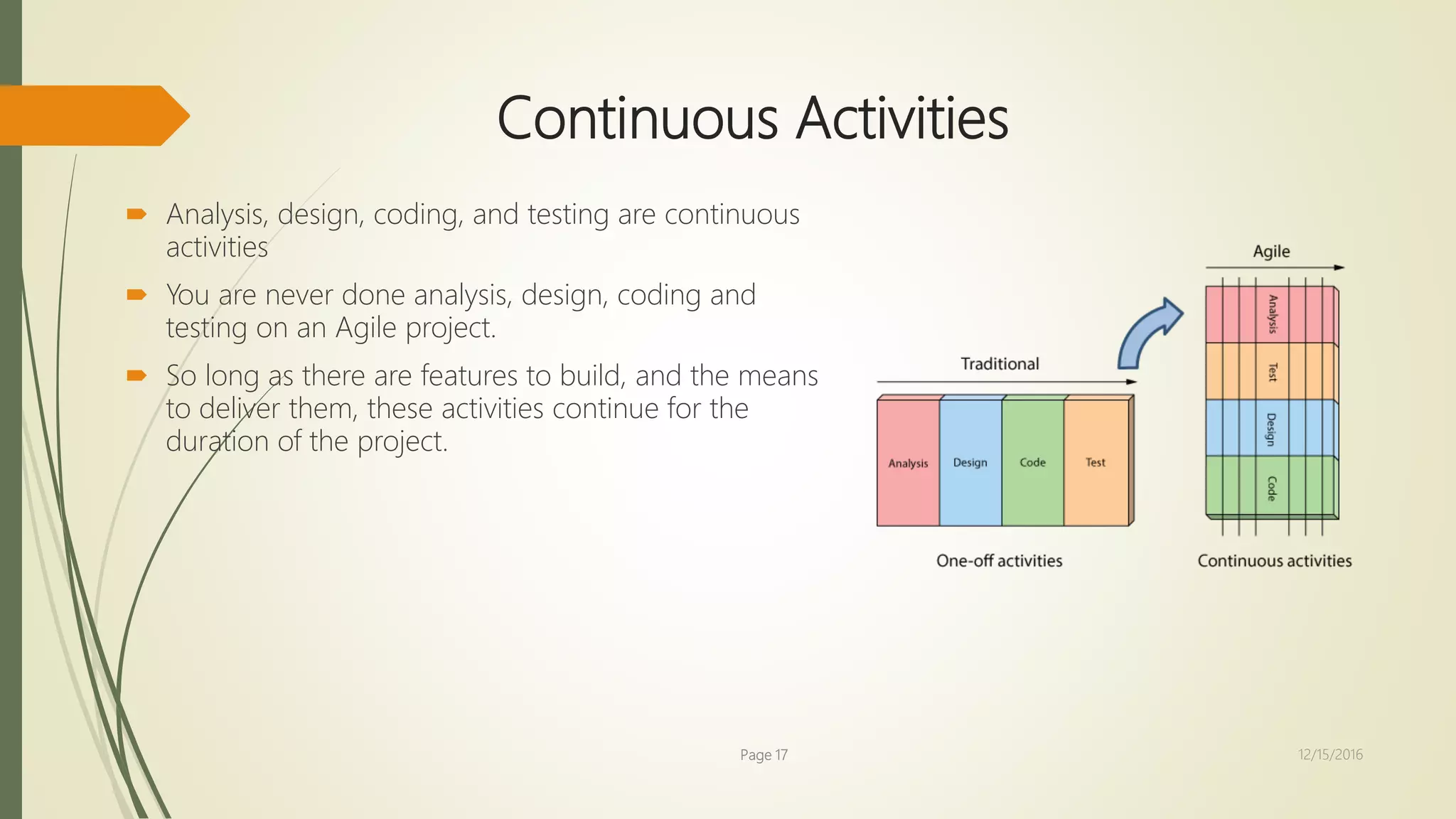 Continuous Activities
 Analysis, design, coding, and testing are continuous
activities
 You are never done analysis, design, coding and
testing on an Agile project.
 So long as there are features to build, and the means
to deliver them, these activities continue for the
duration of the project.
Page 17 12/15/2016
 