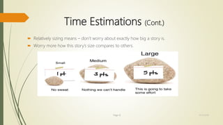 Time Estimations (Cont.)
 Relatively sizing means – don’t worry about exactly how big a story is.
 Worry more how this story’s size compares to others.
Page 12 12/15/2016
 