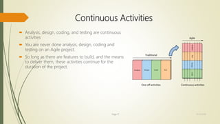 Continuous Activities
 Analysis, design, coding, and testing are continuous
activities
 You are never done analysis, design, coding and
testing on an Agile project.
 So long as there are features to build, and the means
to deliver them, these activities continue for the
duration of the project.
Page 17 12/15/2016
 