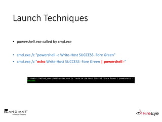 Launch Techniques
• powershell.exe called by cmd.exe
• cmd.exe /c "powershell -c Write-Host SUCCESS -Fore Green"
• cmd.exe /c "echo Write-Host SUCCESS -Fore Green | powershell -"
 