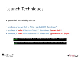 Launch Techniques
• powershell.exe called by cmd.exe
• cmd.exe /c "powershell -c Write-Host SUCCESS -Fore Green"
• cmd.exe /c "echo Write-Host SUCCESS -Fore Green | powershell -"
• cmd.exe /c "echo Write-Host SUCCESS -Fore Green | powershell IEX $input"
 