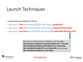 Launch Techniques
• powershell.exe called by cmd.exe
• cmd.exe /c "echo Write-Host SUCCESS -Fore Green | powershell -"
• cmd.exe /c "echo Write-Host SUCCESS -Fore Green | powershell IEX $input"
• cmd.exe /c "set cmd=Write-Host ENV -Fore Green&& powershell IEX $env:cmd"
Can also use .Net function or GCI/dir or Get-Variable:
[Environment]::GetEnvironmentVariable('cmd', 'Process')
(Get-ChildItem/ChildItem/GCI/DIR/LS env:cmd).Value
Get-Variable/Variable/GV cmd -ValueOnly (-V thru –ValueOnly)
(Get-Variable/Variable/GV cmd).Value
SUPPLEMENTAL
 