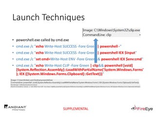 Launch Techniques
• powershell.exe called by cmd.exe
• cmd.exe /c "echo Write-Host SUCCESS -Fore Green | powershell -"
• cmd.exe /c "echo Write-Host SUCCESS -Fore Green | powershell IEX $input"
• cmd.exe /c "set cmd=Write-Host ENV -Fore Green&& powershell IEX $env:cmd"
• cmd.exe /c "echo Write-Host CLIP -Fore Green | clip&& powershell [void]
[System.Reflection.Assembly]::LoadWithPartialName('System.Windows.Forms'
); IEX ([System.Windows.Forms.Clipboard]::GetText())"
SUPPLEMENTAL
 