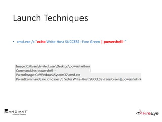 Launch Techniques
• cmd.exe /c "echo Write-Host SUCCESS -Fore Green | powershell -"
 
