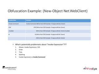 Obfuscation Example: (New-Object Net.WebClient)
• What's potentially problematic about "Invoke-Expression"???
1. Aliases: Invoke-Expression / IEX
2. Order
3. Ticks
4. Splatting
5. Invoke-Expression vs Invoke-Command
Cmdlet/Alias Example
Invoke-Command Invoke-Command {Write-Host ICM Example -ForegroundColor Green}
ICM ICM {Write-Host ICM Example -ForegroundColor Green}
.Invoke() {Write-Host ICM Example -ForegroundColor Green}.Invoke()
& & {Write-Host ICM Example -ForegroundColor Green}
. . {Write-Host ICM Example -ForegroundColor Green}
 