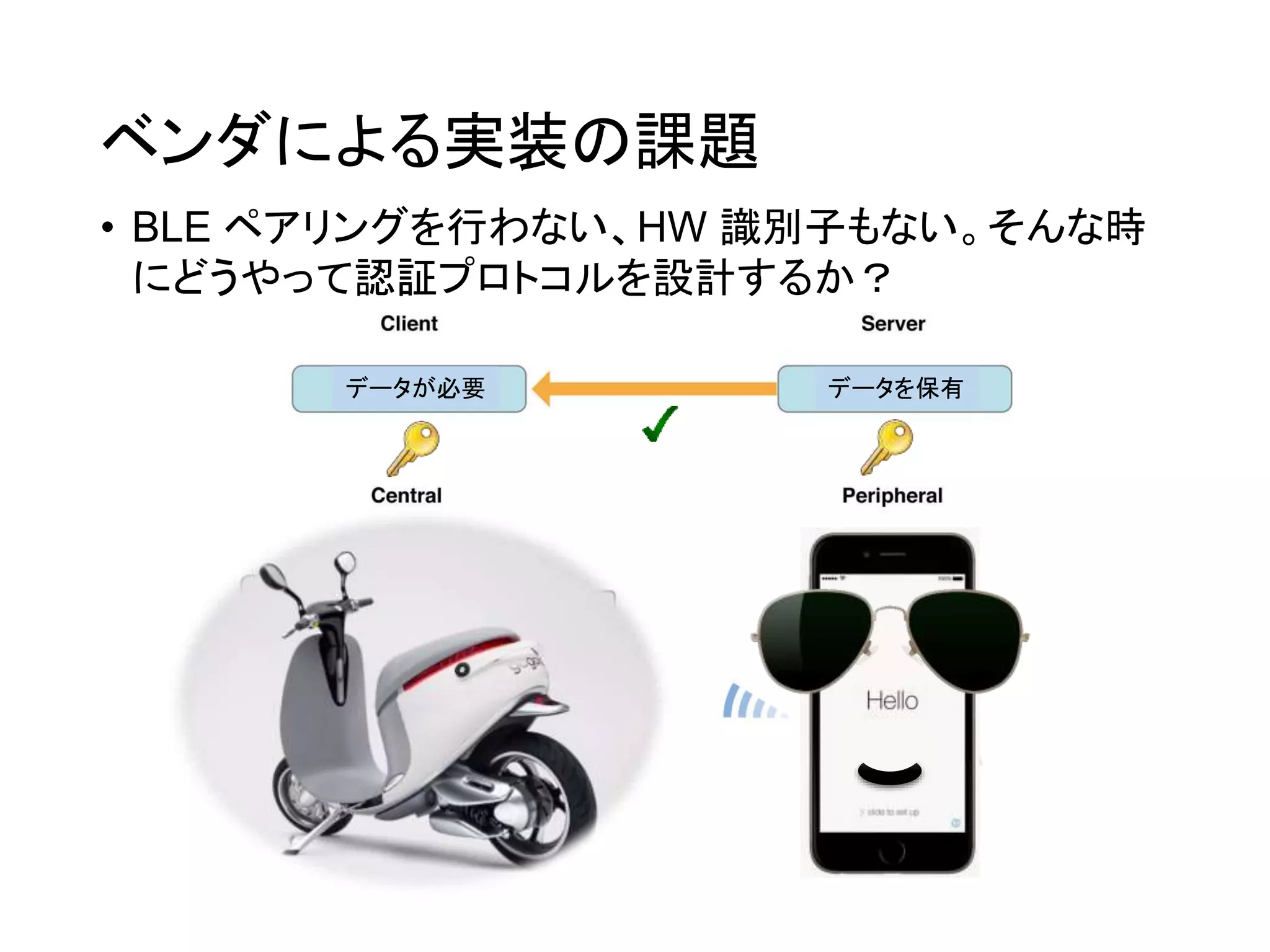 ベンダによる実装の課題
• BLE ペアリングを行わない、HW 識別子もない。そんな時
にどうやって認証プロトコルを設計するか？
データが必要 データを保有
 
