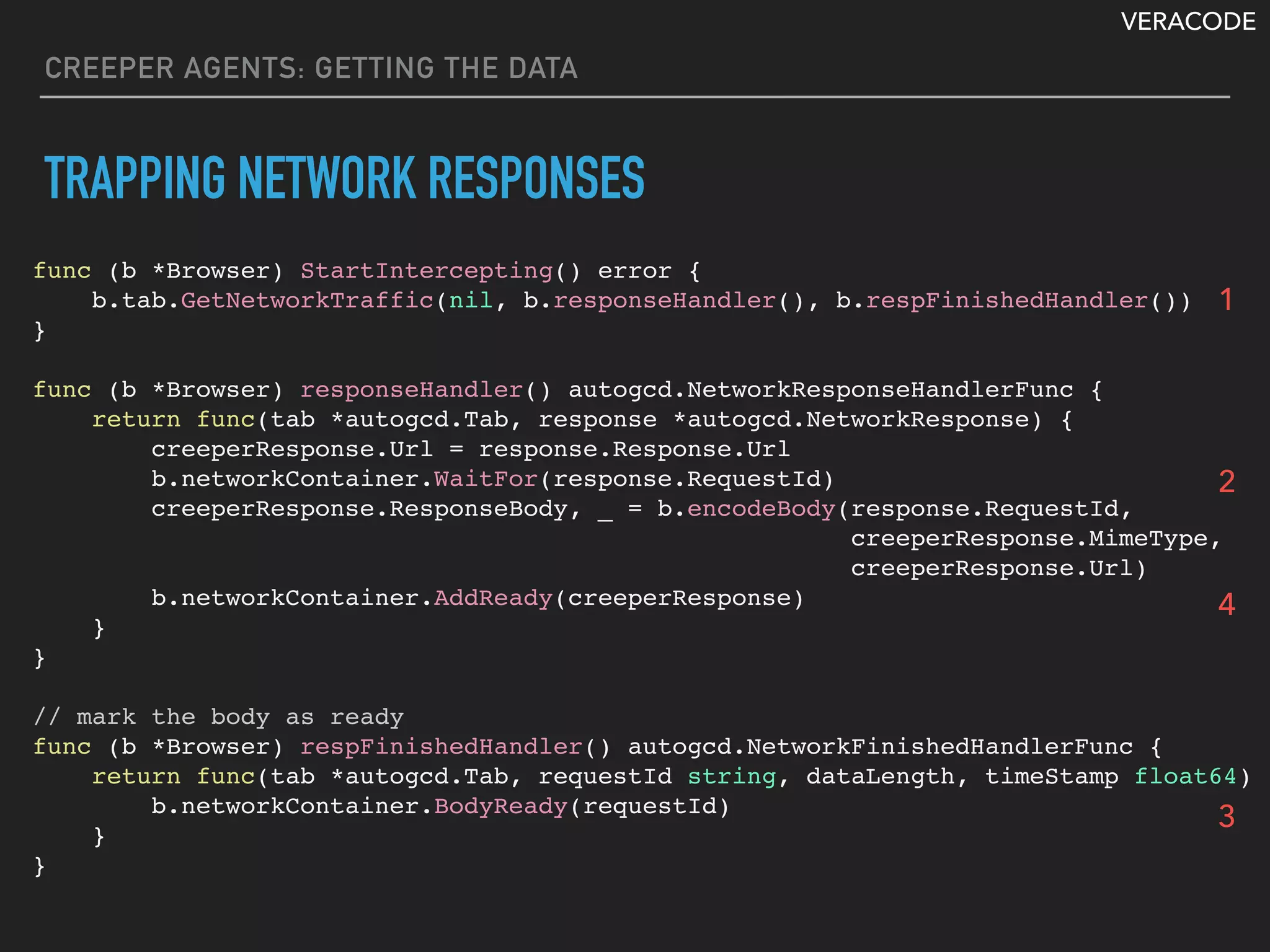 VERACODE
CREEPER AGENTS: GETTING THE DATA
TRAPPING NETWORK RESPONSES
func (b *Browser) StartIntercepting() error {
b.tab.GetNetworkTraffic(nil, b.responseHandler(), b.respFinishedHandler())
}
func (b *Browser) responseHandler() autogcd.NetworkResponseHandlerFunc {
return func(tab *autogcd.Tab, response *autogcd.NetworkResponse) {
creeperResponse.Url = response.Response.Url
b.networkContainer.WaitFor(response.RequestId)
creeperResponse.ResponseBody, _ = b.encodeBody(response.RequestId,
creeperResponse.MimeType,
creeperResponse.Url)
b.networkContainer.AddReady(creeperResponse)
}
}
// mark the body as ready
func (b *Browser) respFinishedHandler() autogcd.NetworkFinishedHandlerFunc {
return func(tab *autogcd.Tab, requestId string, dataLength, timeStamp float64) {
b.networkContainer.BodyReady(requestId)
}
}
1
2
3
4
 
