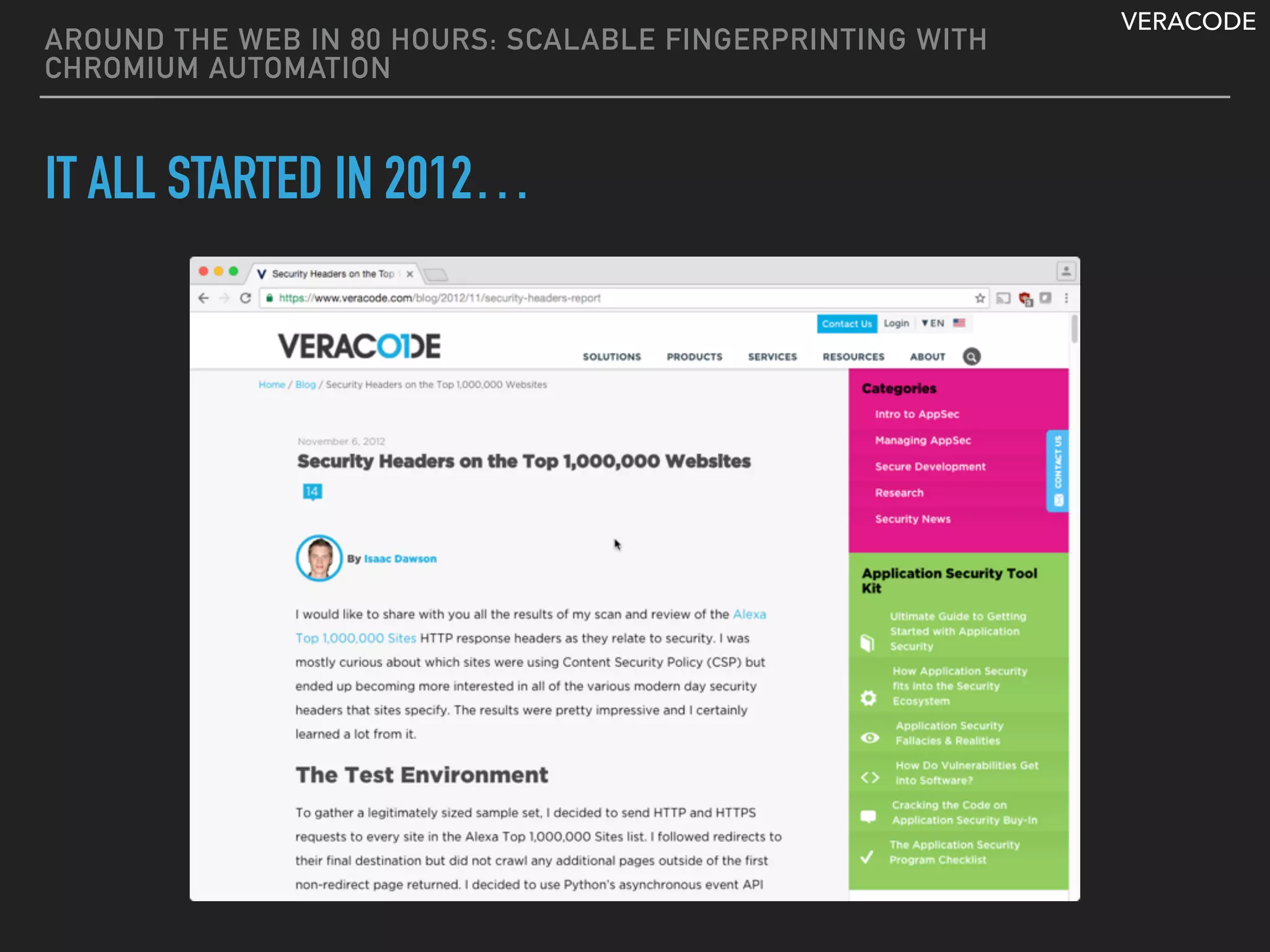 VERACODE
AROUND THE WEB IN 80 HOURS: SCALABLE FINGERPRINTING WITH
CHROMIUM AUTOMATION
IT ALL STARTED IN 2012…
 