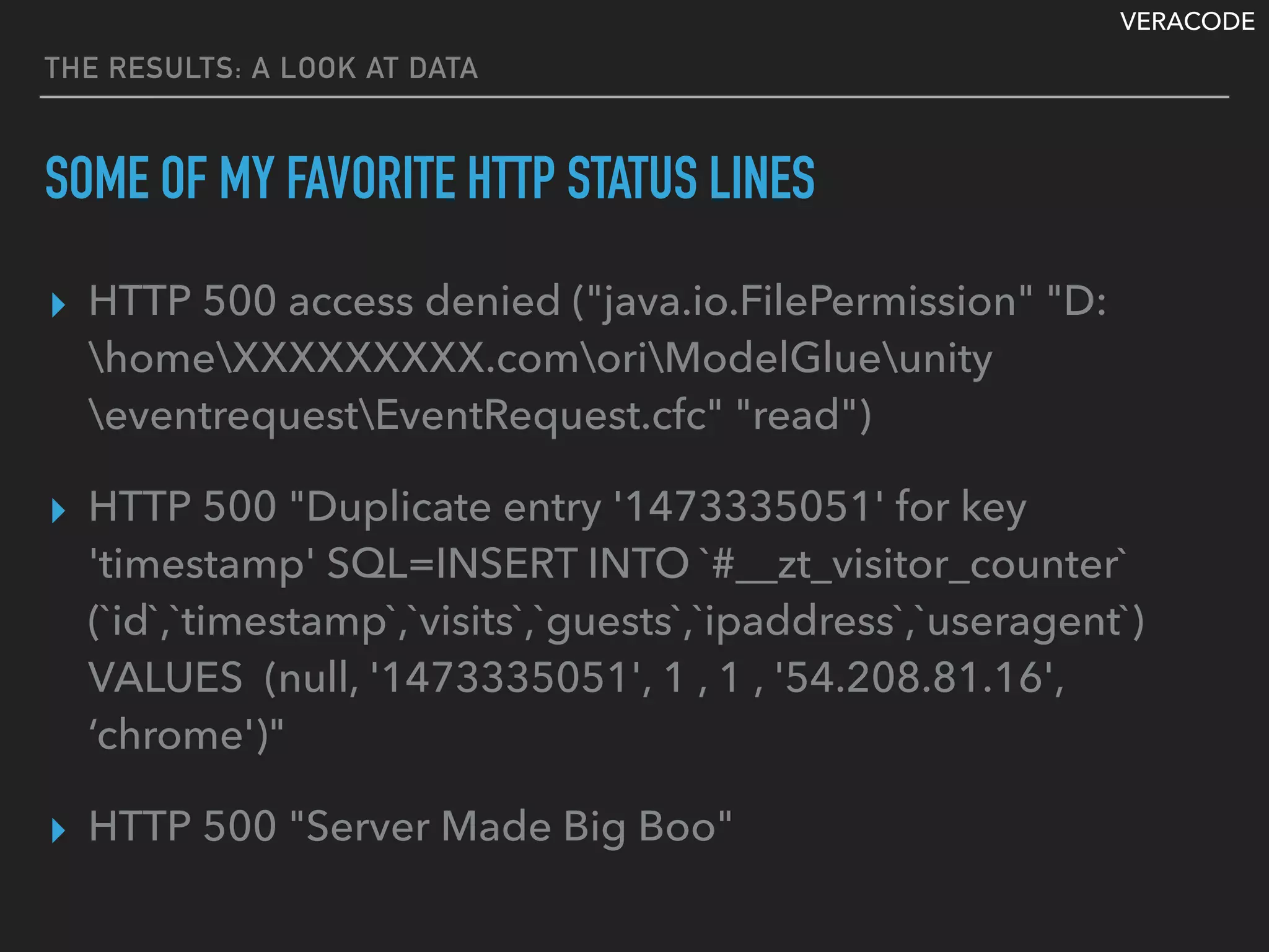 VERACODE
THE RESULTS: A LOOK AT DATA
SOME OF MY FAVORITE HTTP STATUS LINES
▸ HTTP 500 access denied ("java.io.FilePermission" "D:
homeXXXXXXXXX.comoriModelGlueunity
eventrequestEventRequest.cfc" "read")
▸ HTTP 500 "Duplicate entry '1473335051' for key
'timestamp' SQL=INSERT INTO `#__zt_visitor_counter`
(`id`,`timestamp`,`visits`,`guests`,`ipaddress`,`useragent`)
VALUES (null, '1473335051', 1 , 1 , '54.208.81.16',
‘chrome')"
▸ HTTP 500 "Server Made Big Boo"
 