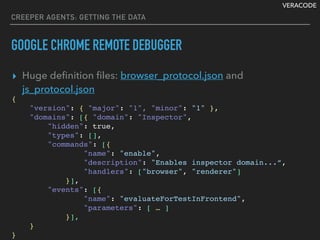 VERACODE
CREEPER AGENTS: GETTING THE DATA
GOOGLE CHROME REMOTE DEBUGGER
▸ Huge deﬁnition ﬁles: browser_protocol.json and
js_protocol.json
{
"version": { "major": "1", "minor": "1" },
"domains": [{ "domain": "Inspector",
"hidden": true,
"types": [],
"commands": [{
"name": "enable",
"description": "Enables inspector domain...”,
"handlers": ["browser", "renderer"]
}],
"events": [{
"name": "evaluateForTestInFrontend",
"parameters": [ … ]
}],
}
}
 