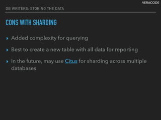 VERACODE
DB WRITERS: STORING THE DATA
CONS WITH SHARDING
▸ Added complexity for querying
▸ Best to create a new table with all data for reporting
▸ In the future, may use Citus for sharding across multiple
databases
 