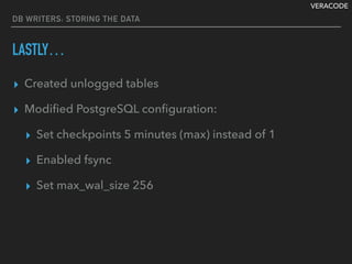 VERACODE
DB WRITERS: STORING THE DATA
LASTLY…
▸ Created unlogged tables
▸ Modiﬁed PostgreSQL conﬁguration:
▸ Set checkpoints 5 minutes (max) instead of 1
▸ Enabled fsync
▸ Set max_wal_size 256
 