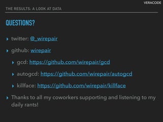 VERACODE
THE RESULTS: A LOOK AT DATA
QUESTIONS?
▸ twitter: @_wirepair
▸ github: wirepair
▸ gcd: https://github.com/wirepair/gcd
▸ autogcd: https://github.com/wirepair/autogcd
▸ killface: https://github.com/wirepair/killface
▸ Thanks to all my coworkers supporting and listening to my
daily rants!
 