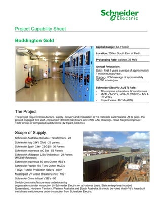 Project Capability Sheet
Boddington Gold
The Project
The project required manufacture, supply, delivery and installation of 16 complete switchrooms. At its peak, the
project engaged 135 staff, consumed 140,000 man hours and 3700 CAD drawings. Road freight comprised
1200 tonnes of completed switchrooms (32 trips/6,400kms).
Scope of Supply
Schneider Australia (Benalla) Transformers - 28
Schneider Italy 33kV GM6 - 29 panels
Schneider Spain 33kv CBGS0 - 36 Panels
Schneider Indonesia MC Set - 53 Panels
Schneider Motorpact USA/ Indonesia - 29 Panels
(MCSet/Motorpact)
Schneider Indonesia 80 tiers Okken MSB’s
Schneider France 175 Tiers Okken MCC’s
TeSys T Motor Protection Relays - 850+
Masterpact LV Circuit Breakers (inc) - 100+
Schneider China Altivar VSD’s - 95
Switchroom manufacture was undertaken by
organisations under instruction by Schneider Electric on a National basis. State enterprises included
Queensland, Northern Territory, Western Australia and South Australia. It should be noted that HVLV have built
the Minara switchrooms under instruction from Schneider Electric.
Capital Budget: $2.7 billion
Location: 200km South East of Perth.
Processing Rate: Approx. 35 Mt/a
Annual Production:
Gold - First 5 years average of approximately
1 million ounces/year.
Copper - LOM average of approximately
30,000 tonnes/year.
Schneider Electric (AUST) Role:
- 16 complete substations & transformers
- MV&LV MCC’s, MV&LV SWBRDs, MV &
LV VFD’s
- Project Value: $61M (AUD)
 