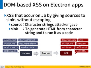 Secure Sky Technology Inc. CODE BLUE 2016
DOM-based XSS on Electron apps
XSS that occur on JS by giving sources to
sinks without escaping
source： Character strings attacker gave
sink ： To generate HTML from character
string and to run it as a code
source Process sink
location.hash
location.href
location.search
document.referrer
window.name
xhr.responseText
postMessage
location.href
document.write
innerHTML
eval
Function
setTimeoutsetInterval
 
