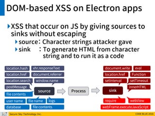 Secure Sky Technology Inc. CODE BLUE 2016
DOM-based XSS on Electron apps
XSS that occur on JS by giving sources to
sinks without escaping
source： Character strings attacker gave
sink ： To generate HTML from character
string and to run it as a code
source Process sink
location.hash
location.href
location.search
document.referrer
window.name
xhr.responseText
postMessage
location.href
document.write
innerHTML
eval
Function
setTimeoutsetInterval
user name
database
file contents
file contents
file name logs
webFrame.executeJavaScript
webViewrequire
 