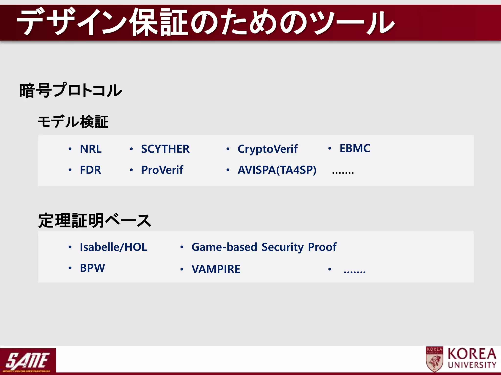 暗号プロトコル
モデル検証
定理証明ベース
• NRL
• FDR
• SCYTHER
• ProVerif • AVISPA(TA4SP)
• CryptoVerif • EBMC
…….
• Isabelle/HOL
• BPW
• Game-based Security Proof
• VAMPIRE • …….
デザイン保証のためのツール
 