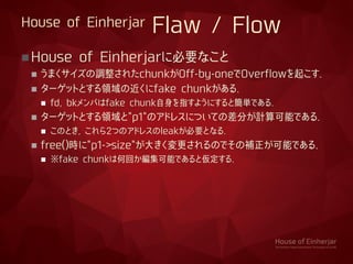 House of Einherjar Flaw / Flow
House of Einherjarに必要なこと
 うまくサイズの調整されたchunkがOff-by-oneでOverflowを起こす.
 ターゲットとする領域の近くにfake chunkがある.
 fd, bkメンバはfake chunk自身を指すようにすると簡単である.
 ターゲットとする領域と"p1"のアドレスについての差分が計算可能である.
 このとき, これら2つのアドレスのleakが必要となる.
 free()時に"p1->size"が大きく変更されるのでその補正が可能である.
 ※fake chunkは何回か編集可能であると仮定する.
 