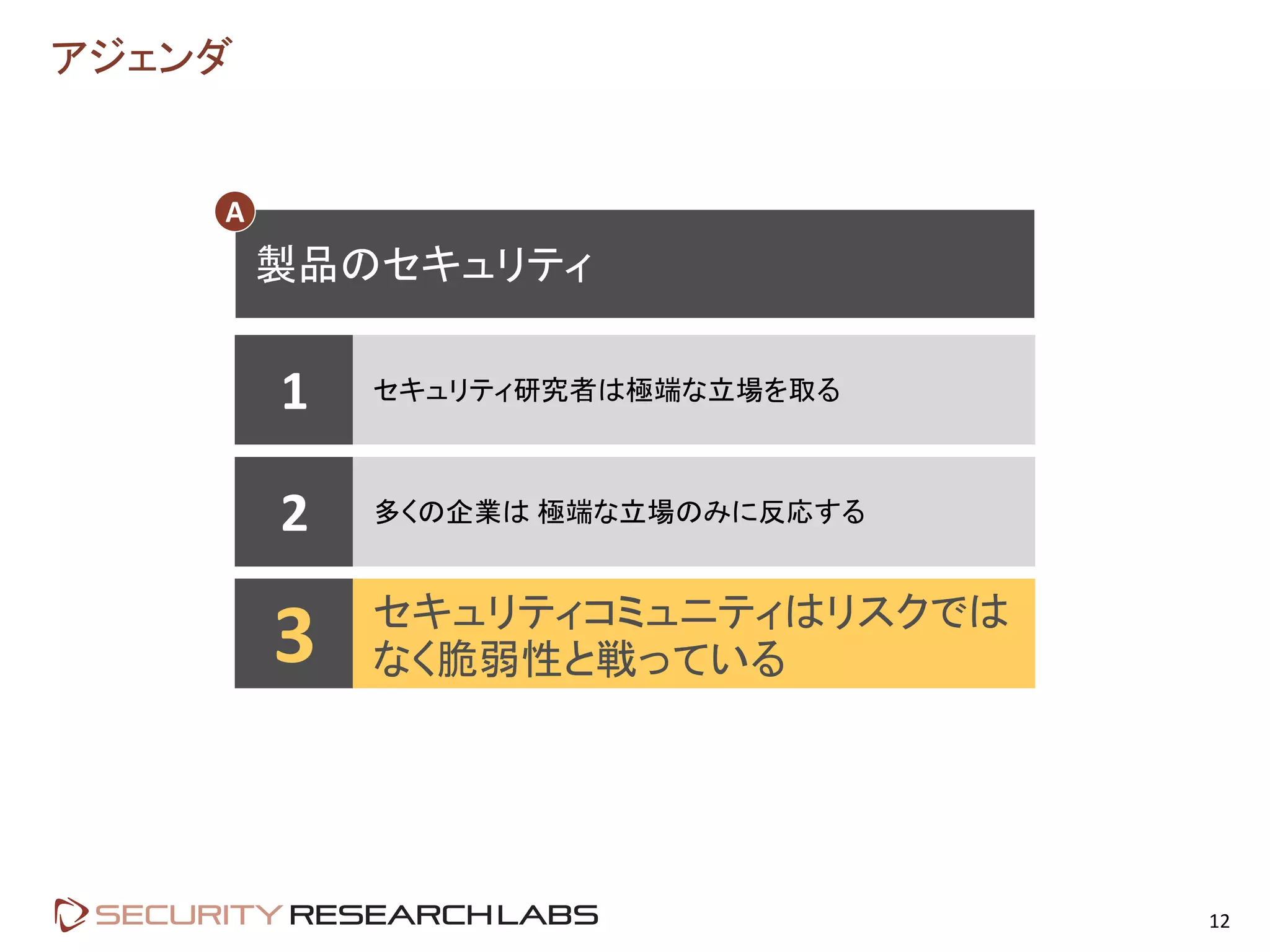 アジェンダ
12
1 セキュリティ研究者は極端な立場を取る
2 多くの企業は 極端な立場のみに反応する
3 セキュリティコミュニティはリスクでは
なく脆弱性と戦っている
製品のセキュリティ
A
 