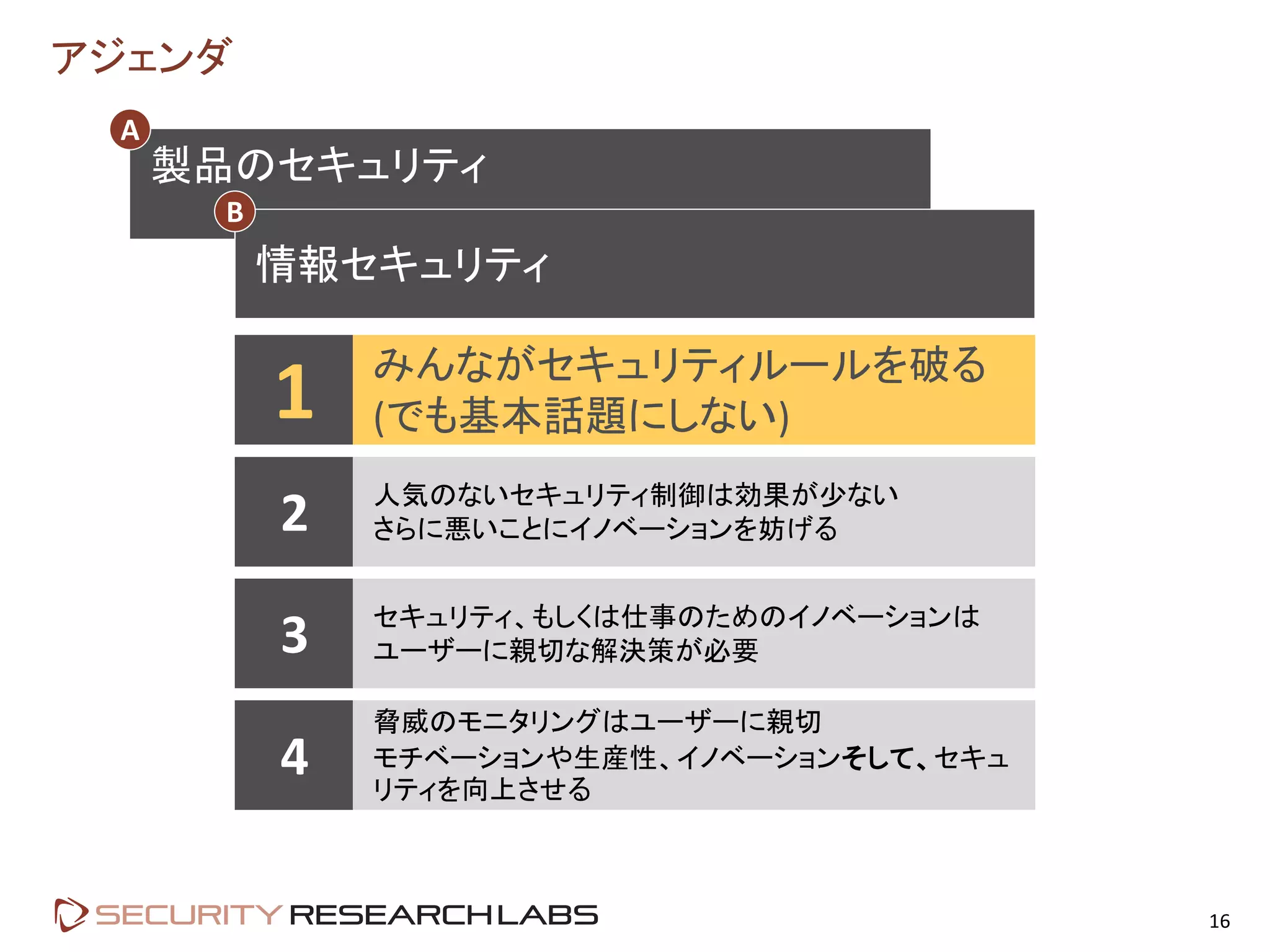 アジェンダ
16
1 みんながセキュリティルールを破る
(でも基本話題にしない)
2 人気のないセキュリティ制御は効果が少ない
さらに悪いことにイノベーションを妨げる
3 セキュリティ、もしくは仕事のためのイノベーションは
ユーザーに親切な解決策が必要
4
脅威のモニタリングはユーザーに親切
モチベーションや生産性、イノベーションそして、セキュ
リティを向上させる
製品のセキュリティ
情報セキュリティ
B
A
 