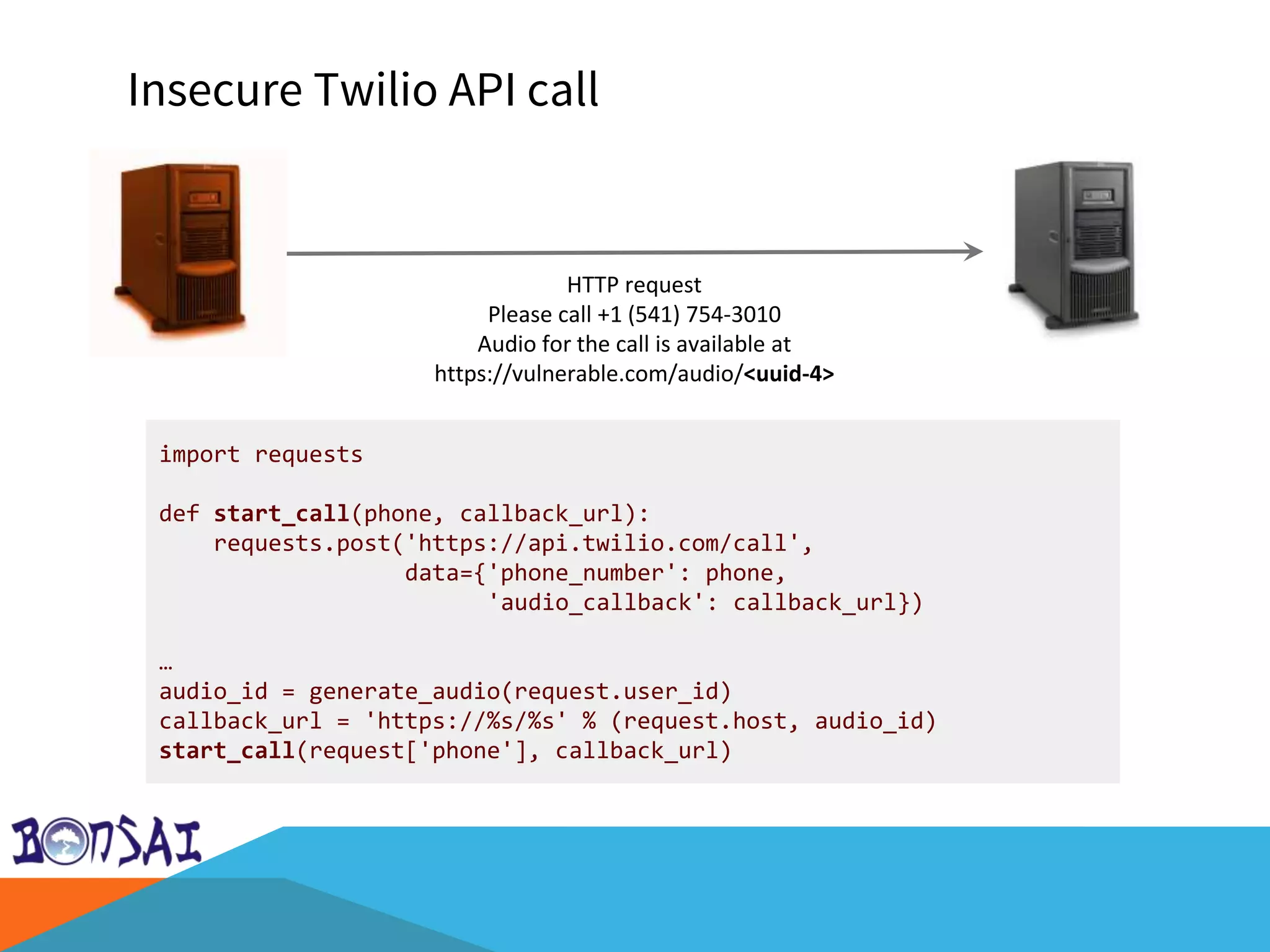 Insecure Twilio API call
HTTP request
Please call +1 (541) 754-3010
Audio for the call is available at
https://vulnerable.com/audio/<uuid-4>
import requests
def start_call(phone, callback_url):
requests.post('https://api.twilio.com/call',
data={'phone_number': phone,
'audio_callback': callback_url})
…
audio_id = generate_audio(request.user_id)
callback_url = 'https://%s/%s' % (request.host, audio_id)
start_call(request['phone'], callback_url)
 