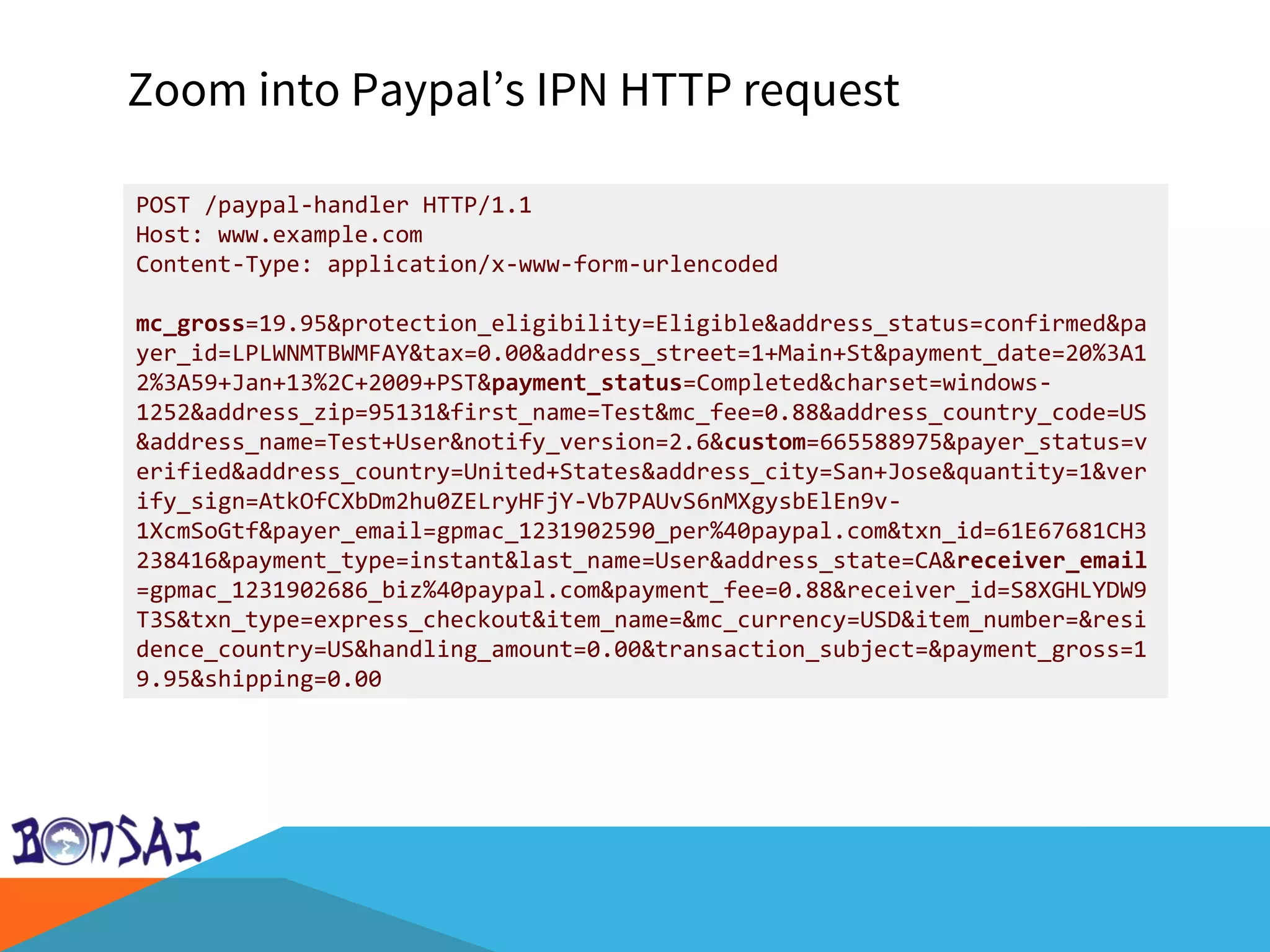 Zoom into Paypal’s IPN HTTP request
POST /paypal-handler HTTP/1.1
Host: www.example.com
Content-Type: application/x-www-form-urlencoded
mc_gross=19.95&protection_eligibility=Eligible&address_status=confirmed&pa
yer_id=LPLWNMTBWMFAY&tax=0.00&address_street=1+Main+St&payment_date=20%3A1
2%3A59+Jan+13%2C+2009+PST&payment_status=Completed&charset=windows-
1252&address_zip=95131&first_name=Test&mc_fee=0.88&address_country_code=US
&address_name=Test+User&notify_version=2.6&custom=665588975&payer_status=v
erified&address_country=United+States&address_city=San+Jose&quantity=1&ver
ify_sign=AtkOfCXbDm2hu0ZELryHFjY-Vb7PAUvS6nMXgysbElEn9v-
1XcmSoGtf&payer_email=gpmac_1231902590_per%40paypal.com&txn_id=61E67681CH3
238416&payment_type=instant&last_name=User&address_state=CA&receiver_email
=gpmac_1231902686_biz%40paypal.com&payment_fee=0.88&receiver_id=S8XGHLYDW9
T3S&txn_type=express_checkout&item_name=&mc_currency=USD&item_number=&resi
dence_country=US&handling_amount=0.00&transaction_subject=&payment_gross=1
9.95&shipping=0.00
 
