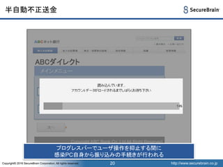 http://www.securebrain.co.jpCopyright© 2016 SecureBrain Corporation, All rights reserved. http://www.securebrain.co.jpCopyright© 2016 SecureBrain Corporation, All rights reserved.
半自動不正送金
20
ABCダイレクト
メインメニュー
Copyright ABC Bank Co.,Ltd All Right Reserved
お客様番号
ワンタイムパスワード
プログレスバーでユーザ操作を抑止する間に
感染PC自身から振り込みの手続きが行われる
 