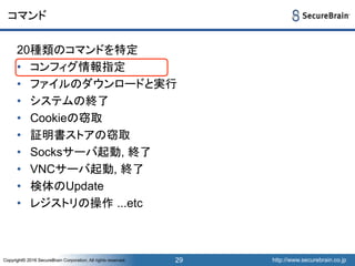 http://www.securebrain.co.jpCopyright© 2016 SecureBrain Corporation, All rights reserved. http://www.securebrain.co.jpCopyright© 2016 SecureBrain Corporation, All rights reserved.
コマンド
20種類のコマンドを特定
• コンフィグ情報指定
• ファイルのダウンロードと実行
• システムの終了
• Cookieの窃取
• 証明書ストアの窃取
• Socksサーバ起動, 終了
• VNCサーバ起動, 終了
• 検体のUpdate
• レジストリの操作 ...etc
29
 