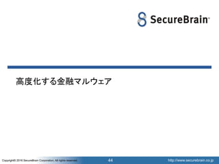 http://www.securebrain.co.jpCopyright© 2016 SecureBrain Corporation, All rights reserved. http://www.securebrain.co.jpCopyright© 2016 SecureBrain Corporation, All rights reserved.
高度化する金融マルウェア
44
 