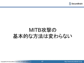 http://www.securebrain.co.jpCopyright© 2016 SecureBrain Corporation, All rights reserved. http://www.securebrain.co.jpCopyright© 2016 SecureBrain Corporation, All rights reserved. 47
MITB攻撃の
基本的な方法は変わらない
 