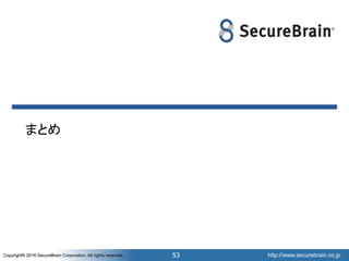 http://www.securebrain.co.jpCopyright© 2016 SecureBrain Corporation, All rights reserved. http://www.securebrain.co.jpCopyright© 2016 SecureBrain Corporation, All rights reserved.
まとめ
53
 