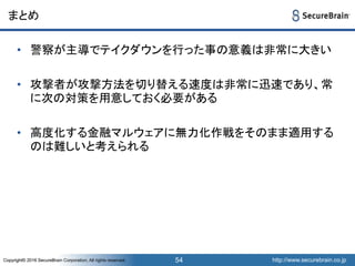 http://www.securebrain.co.jpCopyright© 2016 SecureBrain Corporation, All rights reserved. http://www.securebrain.co.jpCopyright© 2016 SecureBrain Corporation, All rights reserved.
まとめ
• 警察が主導でテイクダウンを行った事の意義は非常に大きい
• 攻撃者が攻撃方法を切り替える速度は非常に迅速であり、常
に次の対策を用意しておく必要がある
• 高度化する金融マルウェアに無力化作戦をそのまま適用する
のは難しいと考えられる
54
 