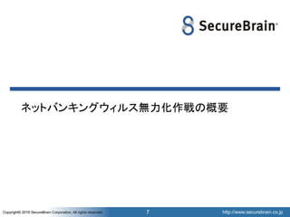 http://www.securebrain.co.jpCopyright© 2016 SecureBrain Corporation, All rights reserved. http://www.securebrain.co.jpCopyright© 2016 SecureBrain Corporation, All rights reserved.
ネットバンキングウィルス無力化作戦の概要
7
 