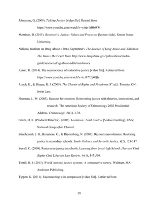 Johnstone, G. (2009). Talking Justice [video file]. Retried from
https://www.youtube.com/watch?v=ylnjvIbRbWM
Morrison, B. (2015). Restorative Justice: Values and Processes [lecture slide], Simon Fraser
University.
National Institute on Drug Abuse. (2014, September). The Science of Drug Abuse and Addiction:
The Basics. Retrieved from http://www.drugabuse.gov/publications/media-
guide/science-drug-abuse-addiction-basics
Reisel, D. (2014). The neuroscience of restorative justice [video file]. Retrieved from
https://www.youtube.com/watch?v=tzJYY2p0QIc
Roach, K., & Sharpe, R. J. (2009). The Charter of Rights and Freedoms (4th
ed.). Toronto, ON:
Irwin Law.
Sherman, L. W. (2003). Reasons for emotion: Reinventing justice with theories, innovations, and
research. The American Society of Criminology 2002 Presidential
Address. Criminology, 41(1), 1-38.
Smith, D. R. (Producer/Director). (2006). Lockdown: Total Control [Video recording]. USA:
National Geographic Channel.
Stinchcomb, J. B., Bazemore, G., & Riestenberg, N. (2006). Beyond zero tolerance: Restoring
justice in secondary schools. Youth Violence and Juvenile Justice, 4(2), 123-147.
Suvall, C. (2009). Restorative justice in schools: Learning from Jena High School. Harvard Civil
Rights-Civil Liberties Law Review, 44(1), 547-569.
Terrill, R. J. (2013). World criminal justice systems: A comparative survey. Waltham, MA:
Anderson Publishing.
Tippett, K. (2011). Reconnecting with compassion [video file]. Retrieved from
19
 