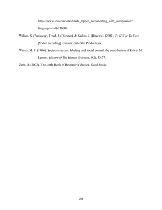 https://www.ted.com/talks/krista_tippett_reconnecting_with_compassion?
language=en#t-138009
Wildon, S. (Producer), Freed, J. (Director), & Kalina, J. (Director). (2002). To Kill or To Cure
[Video recording]. Canada: Galafilm Productions.
Winter, M. F. (1996). Societal reaction, labeling and social control: the contribution of Edwin M.
Lemert. History of The Human Sciences, 9(2), 53-77.
Zerh, H. (2002). The Little Book of Restorative Justice. Good Books.
20
 