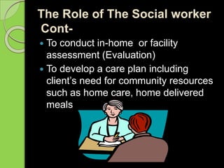 The Role of The Social worker
Cont-
 To conduct in-home or facility
assessment (Evaluation)
 To develop a care plan including
client’s need for community resources
such as home care, home delivered
meals
 