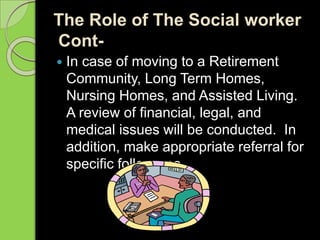 The Role of The Social worker
Cont-
 In case of moving to a Retirement
Community, Long Term Homes,
Nursing Homes, and Assisted Living.
A review of financial, legal, and
medical issues will be conducted. In
addition, make appropriate referral for
specific follow ups
 