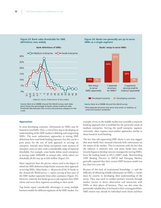 THE SME BANKING KNOWLEDGE GUIDE32
Figure 24: Banks are generally set up to serve
SMEs as a single segment
Banks’ setup to serve SMEs
Source: Beck et al (2008) Around the World survey
*One separate structure may serve only small, or medium, or
small and medium combined
Developed countries Developing countries
0
17
34
51
68
85
Not setup to serv
2 segments
serving small 
medium separately
1 separate
structure
for SMEs*
Not setup
to serve
SMEs separately
10%
60%
81%
30%
9%9%
Figure 23: Bank sales thresholds for SME
definitions vary widely
Bank definitions of SMEs
Source: Beck et al (2008) Around the World survey; each data
point shows the percentage of banks whose maximum sales
threshold falls between the current and previous category on the
x-axis.
Approaches
In most developing countries, information on SMEs may be
limited or unreliable. Here, a critical first step in developing an
understanding of the SME market is defining and categorizing
SMEs. The most rudimentary approaches to setting SME
definitions have used bank lending exposure, but this can be a
poor proxy for the size of (and approach to serving) an
enterprise. Instead, most banks incorporate some measure of
enterprise assets or sales, with a considerable range of reported
thresholds. For example, some banks define small enterprises
as having under $100,000 in annual sales, while others use
thresholds all the way up to $20 million (Figure 23).
More important than the precise criteria used is the degree to
which the SME definition helps banks structure their approach
to serving SMEs. Most banks — 90 percent of the 91 banks in
the Around the World survey — report serving at least part of
the SME market separately from other customers (Figure 24).
However, relatively few banks go on to sub-segment their SME
clients and serve these segments according to their needs.
Top banks report considerable advantages in using multiple
business models for different segments of the SME market. For
example, service to the middle market may resemble a corporate
banking approach that is modified for the particular needs of
medium enterprises. Serving the small enterprise segment,
conversely, often requires mass-market approaches similar to
those found in retail banking.
The fact that sub-segmenting SME clients is rare may suggest
that most banks have amassed relatively little information on
the nature of the market. This is consistent with the fact that
the industry is relatively new, and many banks have only
recently begun to develop concrete strategies for serving SMEs.
Even the leading banks in IFC’s (2007) study, Benchmarking
SME Banking Practices in OECD and Emerging Markets,
generally reported that their current SME business model was
less than two years old.
Because of this lack of institutional knowledge — and the
difficulty of obtaining reliable information on SMEs — banks
must be creative in developing their understanding of the
sector. They may need to conduct primary research through
market surveys or direct observation and interaction with
SMEs in their places of business. They can also mine the
potentially valuable data to be found in their existing portfolios.
SME owners may already be individual retail clients and have
0%
5%
10%
15%
20%
25%
30%
Medium enterprise Small enterprise
50
45
40
35
30
25
20
15
10
5
2.5
1
0.5
0.25
0.1
0
5
10
15
20
25
30
Medium enterpriseSmall enterprise
50454035302520151052.510.50.250.1
ANNUAL SALES THRESHOLD ($ MILLIONS)
 