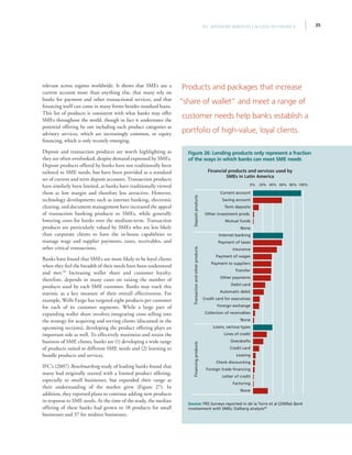 35IFC Advisory Services | Access to Finance
relevant across regions worldwide. It shows that SMEs use a
current account more than anything else, that many rely on
banks for payment and other transactional services, and that
financing itself can come in many forms besides standard loans.
This list of products is consistent with what banks may offer
SMEs throughout the world, though in fact it understates the
potential offering by not including such product categories as
advisory services, which are increasingly common, or equity
financing, which is only recently emerging.
Deposit and transaction products are worth highlighting as
they are often overlooked, despite demand expressed by SMEs.
Deposit products offered by banks have not traditionally been
tailored to SME needs, but have been provided as a standard
set of current and term deposit accounts. Transaction products
have similarly been limited, as banks have traditionally viewed
them as low margin and therefore less attractive. However,
technology developments such as internet banking, electronic
clearing, and document management have increased the appeal
of transaction banking products to SMEs, while generally
lowering costs for banks over the medium-term. Transaction
products are particularly valued by SMEs who are less likely
than corporate clients to have the in-house capabilities to
manage wage and supplier payments, taxes, receivables, and
other critical transactions.
Banks have found that SMEs are more likely to be loyal clients
when they feel the breadth of their needs have been understood
and met.50
Increasing wallet share and customer loyalty,
therefore, depends in many cases on raising the number of
products used by each SME customer. Banks may track this
statistic as a key measure of their overall effectiveness. For
example, Wells Fargo has targeted eight products per customer
for each of its customer segments. While a large part of
expanding wallet share involves integrating cross selling into
the strategy for acquiring and serving clients (discussed in the
upcoming sections), developing the product offering plays an
important role as well. To effectively maximize and retain the
business of SME clients, banks are (1) developing a wide range
of products suited to different SME needs and (2) learning to
bundle products and services.
IFC’s (2007) Benchmarking study of leading banks found that
many had originally started with a limited product offering,
especially to small businesses, but expanded their range as
their understanding of the market grew (Figure 27). In
addition, they reported plans to continue adding new products
in response to SME needs. At the time of the study, the median
offering of these banks had grown to 18 products for small
businesses and 37 for midsize businesses.
Products and packages that increase
“share of wallet” and meet a range of
customer needs help banks establish a
portfolio of high-value, loyal clients.
Figure 26: Lending products only represent a fraction
of the ways in which banks can meet SME needs
Financial products and services used by
SMEs in Latin America
Source: FRS Surveys reported in de la Torre et al (2009a) Bank
involvement with SMEs; Dalberg analysis49
Non
Factorin
Letter of cred
Foreign trade financin
Check discountin
Leasin
Credit ca
Overdraf
Lines of cred
Loans, various typ
Non
Collection of receivabl
Foreign exchang
Credit card for executiv
Automatic deb
Debit ca
Other paymen
Transf
Payment to supplie
Payment of wag
Insuran
Payment of tax
Internet bankin
Non
Mutual fun
Other investment prod
Term deposi
Saving accou
Current accou
0% 20% 40% 60% 80% 100%
None
Factoring
Letter of credit
Foreign trade financing
Check discounting
Leasing
Credit card
Overdrafts
Lines of credit
Loans, various types
None
Collection of receivables
Foreign exchange
Credit card for executives
Automatic debit
Debit card
Other payments
Transfer
Payment to suppliers
Payment of wages
Insurance
Payment of taxes
Internet banking
None
Mutual funds
Other investment prods.
Term deposits
Saving account
DepositproductsTransactionandotherproductsFinancingproducts
Current account
 