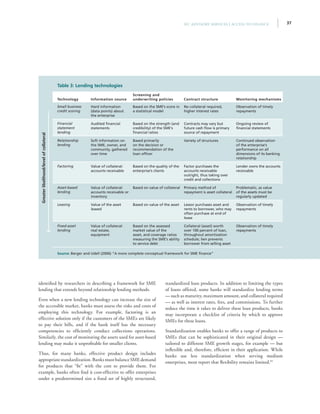 37IFC Advisory Services | Access to Finance
identified by researchers in describing a framework for SME
lending that extends beyond relationship lending methods.
Even when a new lending technology can increase the size of
the accessible market, banks must assess the risks and costs of
employing this technology. For example, factoring is an
effective solution only if the customers of the SMEs are likely
to pay their bills, and if the bank itself has the necessary
competencies to efficiently conduct collections operations.
Similarly, the cost of monitoring the assets used for asset-based
lending may make it unprofitable for smaller clients.
Thus, for many banks, effective product design includes
appropriate standardization. Banks must balance SME demand
for products that “fit” with the cost to provide them. For
example, banks often find it cost-effective to offer enterprises
under a predetermined size a fixed set of highly structured,
standardized loan products. In addition to limiting the types
of loans offered, some banks will standardize lending terms
— such as maturity, maximum amount, and collateral required
— as well as interest rates, fees, and commissions. To further
reduce the time it takes to deliver these loan products, banks
may incorporate a checklist of criteria by which to approve
SMEs for these loans.
Standardization enables banks to offer a range of products to
SMEs that can be sophisticated in their original design —
tailored to different SME growth stages, for example — but
inflexible and, therefore, efficient in their application. While
banks use less standardization when serving medium
enterprises, most report that flexibility remains limited.55
Table 3: Lending technologies
Technology Information source
Screening and
underwriting policies Contract structure Monitoring mechanisms
Small business
credit scoring
Hard information
(data points) about
the enterprise
Based on the SME’s score in
a statistical model
No collateral required,
higher interest rates
Observation of timely
repayments
Financial
statement
lending
Audited financial
statements
Based on the strength (and
credibility) of the SME’s
financial ratios
Contracts may vary but
future cash flow is primary
source of repayment
Ongoing review of
financial statements
Relationship
lending
Soft information on
the SME, owner, and
community, gathered
over time
Based primarily
on the decision or
recommendation of the
loan officer
Variety of structures Continued observation
of the enterprise’s
performance on all
dimensions of its banking
relationship
Factoring Value of collateral:
accounts receivable
Based on the quality of the
enterprise’s clients
Factor purchases the
accounts receivable
outright, thus taking over
credit and collections
Lender owns the accounts
receivable
Asset-based
lending
Value of collateral:
accounts receivable or
inventory
Based on value of collateral Primary method of
repayment is asset collateral
Problematic, as value
of the assets must be
regularly updated
Leasing Value of the asset
leased
Based on value of the asset Lessor purchases asset and
rents to borrower, who may
often purchase at end of
lease
Observation of timely
repayments
Fixed-asset
lending
Value of collateral:
real estate,
equipment
Based on the assessed
market value of the
asset, and coverage ratios
measuring the SME’s ability
to service debt
Collateral (asset) worth
over 100 percent of loan,
throughout amortization
schedule; lien prevents
borrower from selling asset
Observation of timely
repayments
Source: Berger and Udell (2006) “A more complete conceptual framework for SME finance”
Greaterlikelihood/levelofcollateral
 