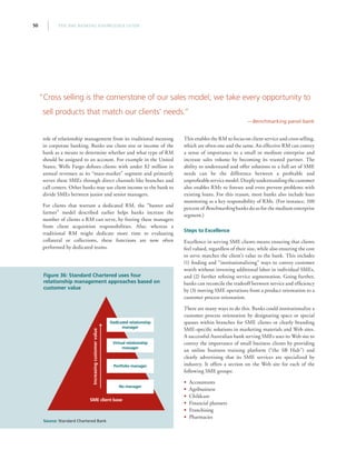 THE SME BANKING KNOWLEDGE GUIDE50
role of relationship management from its traditional meaning
in corporate banking. Banks use client size or income of the
bank as a means to determine whether and what type of RM
should be assigned to an account. For example in the United
States, Wells Fargo defines clients with under $2 million in
annual revenues as its “mass-market” segment and primarily
serves these SMEs through direct channels like branches and
call centers. Other banks may use client income to the bank to
divide SMEs between junior and senior managers.
For clients that warrant a dedicated RM, the “hunter and
farmer” model described earlier helps banks increase the
number of clients a RM can serve, by freeing these managers
from client acquisition responsibilities. Also, whereas a
traditional RM might dedicate more time to evaluating
collateral or collections, these functions are now often
performed by dedicated teams.
This enables the RM to focus on client service and cross selling,
which are often one and the same. An effective RM can convey
a sense of importance to a small or medium enterprise and
increase sales volume by becoming its trusted partner. The
ability to understand and offer solutions to a full set of SME
needs can be the difference between a profitable and
unprofitableservicemodel.Deeplyunderstandingthecustomer
also enables RMs to foresee and even prevent problems with
existing loans. For this reason, most banks also include loan
monitoring as a key responsibility of RMs. (For instance, 100
percent of Benchmarking banks do so for the medium enterprise
segment.)
Steps to Excellence
Excellence in serving SME clients means ensuring that clients
feel valued, regardless of their size, while also ensuring the cost
to serve matches the client’s value to the bank. This includes
(1) finding and “institutionalizing” ways to convey customer
worth without investing additional labor in individual SMEs,
and (2) further refining service segmentation. Going further,
banks can reconcile the tradeoff between service and efficiency
by (3) moving SME operations from a product orientation to a
customer process orientation.
There are many ways to do this. Banks could institutionalize a
customer process orientation by designating space or special
queues within branches for SME clients or clearly branding
SME-specific solutions in marketing materials and Web sites.
A successful Australian bank serving SMEs uses its Web site to
convey the importance of small business clients by providing
an online business training platform (“the SB Hub”) and
clearly advertising that its SME services are specialized by
industry. It offers a section on the Web site for each of the
following SME groups:
•• Accountants
•• Agribusiness
•• Childcare
•• Financial planners
•• Franchising
•• Pharmacies
Figure 36: Standard Chartered uses four
relationship management approaches based on
customer value
Source: Standard Chartered Bank
SME client base
Increasingcustomervalue
Dedicated relationship
manager
Virtual relationship
manager
Portfolio manager
No manager
“Cross selling is the cornerstone of our sales model; we take every opportunity to
sell products that match our clients’ needs.”
—Benchmarking panel bank
 