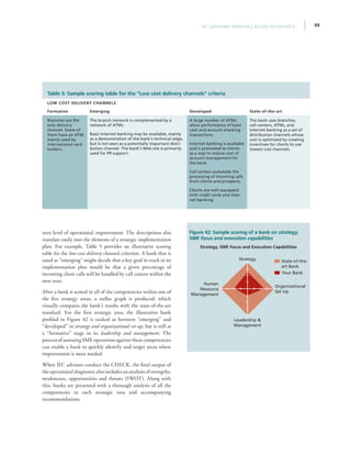 69IFC Advisory Services | Access to Finance
Table 5: Sample scoring table for the “Low cost delivery channels” criteria
Low cost delivery channels
Formative Emerging Developed State-of-the-art
Branches are the
only delivery
channel. Some of
them have an ATM,
mainly used by
international card
holders.
The branch network is complemented by a
network of ATMs.
Basic Internet banking may be available, mainly
as a demonstration of the bank’s technical edge,
but is not seen as a potentially important distri-
bution channel. The bank’s Web site is primarily
used for PR support.
A large number of ATMs
allow performance of basic
cash and account checking
transactions.
Internet banking is available
and is promoted to clients
as a way to reduce cost of
account management for
the bank.
Call centers automate the
processing of incoming calls
from clients and prospects.
Clients are well-equipped
with credit cards and Inter-
net banking.
The bank uses branches,
call-centers, ATMs, and
Internet banking as a set of
distribution channels whose
cost is optimized by creating
incentives for clients to use
lowest-cost channels.
next level of operational improvement. The descriptions also
translate easily into the elements of a strategic implementation
plan. For example, Table 5 provides an illustrative scoring
table for the low-cost delivery channels criterion. A bank that is
rated as “emerging” might decide that a key goal to track in its
implementation plan would be that a given percentage of
incoming client calls will be handled by call centers within the
next year.
After a bank is scored in all of the competencies within one of
the five strategy areas, a stellar graph is produced, which
visually compares the bank’s results with the state-of-the-art
standard. For the first strategic area, the illustrative bank
profiled in Figure 42 is ranked as between “emerging” and
“developed” in strategy and organizational set-up, but is still at
a “formative” stage in its leadership and management. The
process of assessing SME operations against these competencies
can enable a bank to quickly identify and target areas where
improvement is most needed.
When IFC advisors conduct the CHECK, the final output of
the operational diagnostic also includes an analysis of strengths,
weaknesses, opportunities and threats (SWOT). Along with
this, banks are presented with a thorough analysis of all the
competencies in each strategic area and accompanying
recommendations.
Figure 42: Sample scoring of a bank on strategy,
SME focus and execution capabilities
Strategy, SME Focus and Execution Capabilities
State-of-the-
art Bank
Your Bank
Strategy
Leadership 
Management
Organizational
Set-Up
Human
Resource
Management
 