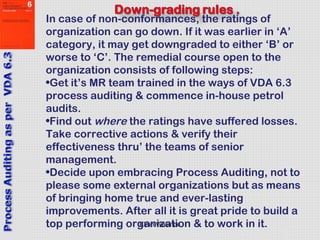 Kiran Walimbe
In case of non-conformances, the ratings of
organization can go down. If it was earlier in ‘A’
category, it may get downgraded to either ‘B’ or
worse to ‘C’. The remedial course open to the
organization consists of following steps:
•Get it’s MR team trained in the ways of VDA 6.3
process auditing & commence in-house petrol
audits.
•Find out where the ratings have suffered losses.
Take corrective actions & verify their
effectiveness thru’ the teams of senior
management.
•Decide upon embracing Process Auditing, not to
please some external organizations but as means
of bringing home true and ever-lasting
improvements. After all it is great pride to build a
top performing organization & to work in it.
 